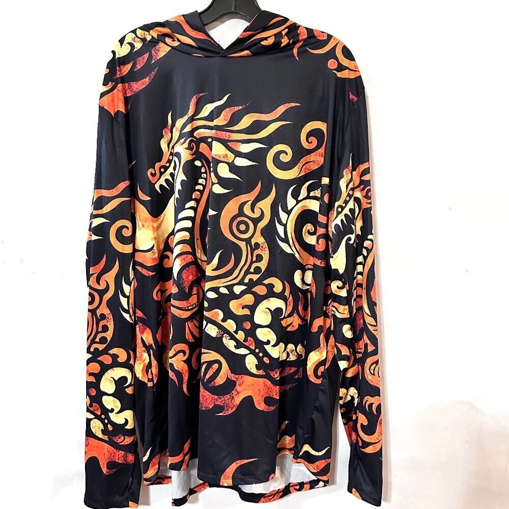 Dragon Batik Mens Long Sleeve Shirt Hooded Sports Size XL NWT UV 50+ Thumbhole - Picture 2 of 13